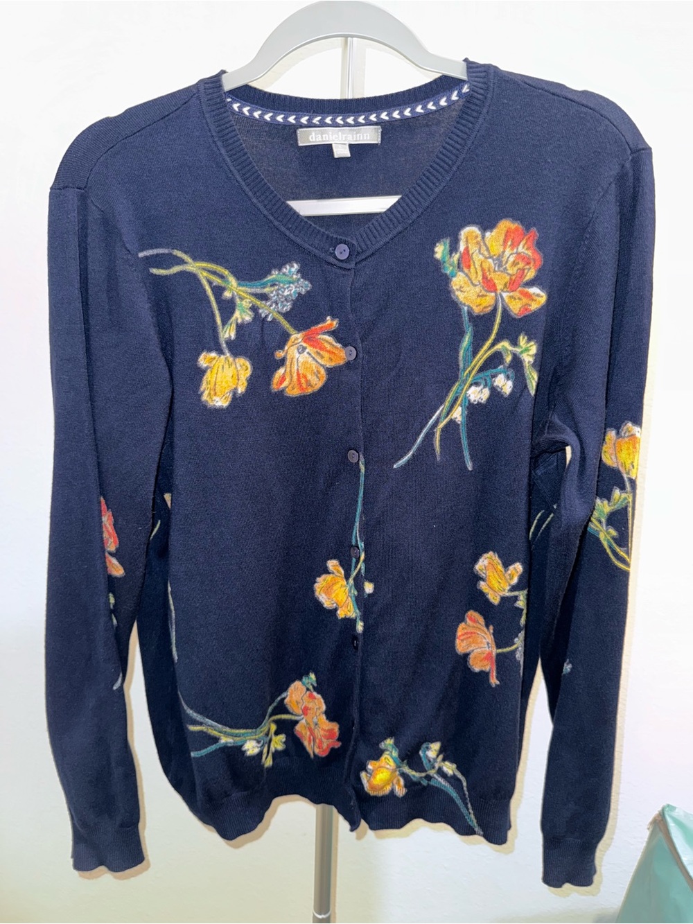Daniel Rainn Navy Floral Button-Front Cardigan with Orange-Yellow Blooms Luxery